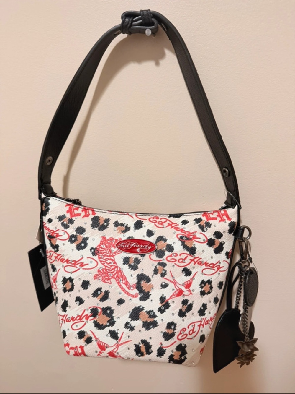 Ed Hardy White Leopard Print Shoulder Bag with Red Accents